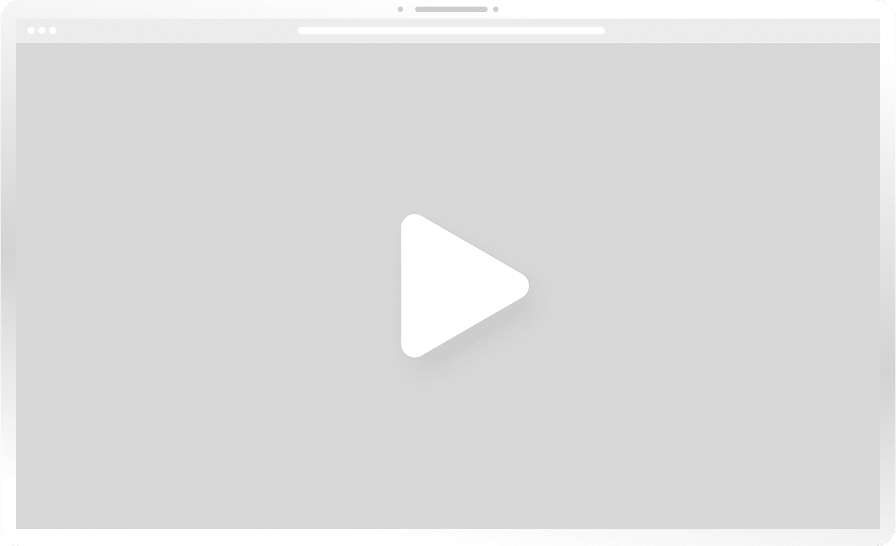 Gray video player interface mockup displayed on a white computer or laptop screen, featuring a large central white play button. Minimalist web design concept representing embedded video content or media playback on a website or digital platform.