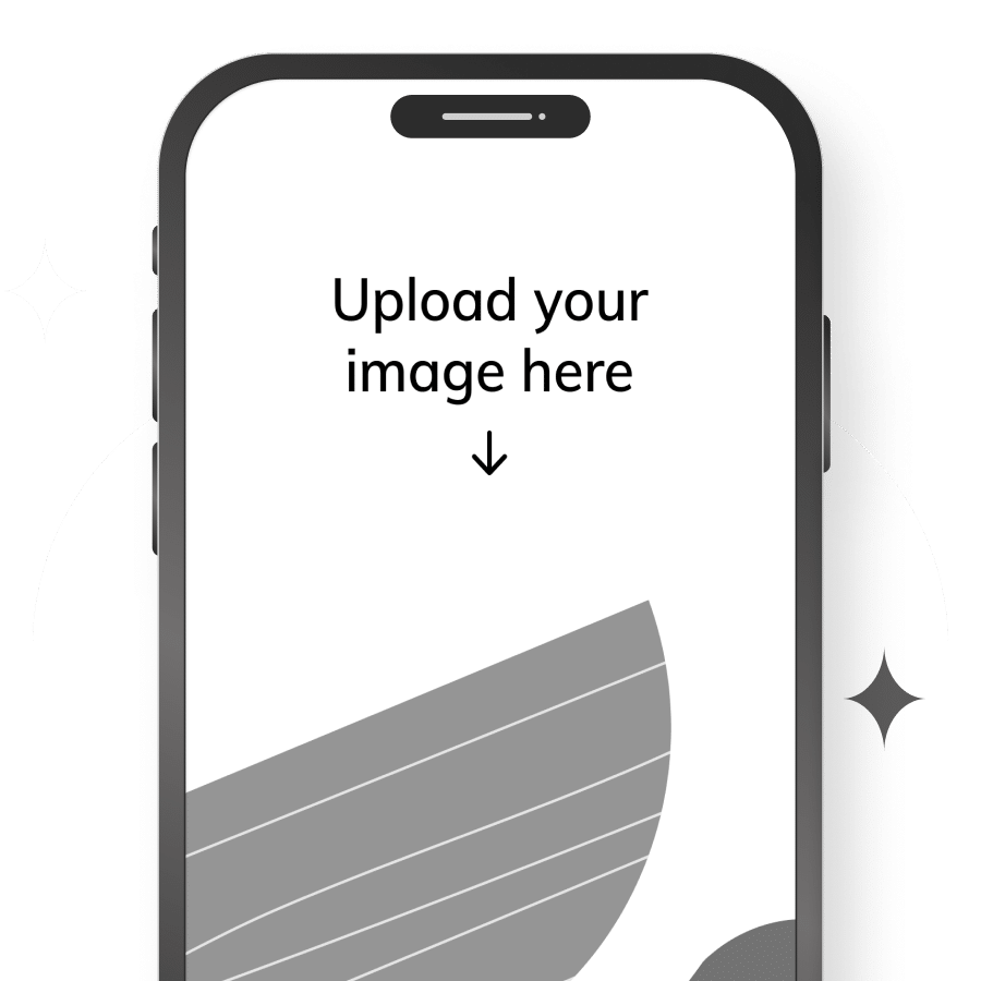Modern smartphone mockup with text reading 'Upload your image here' and a downward arrow on the screen. Abstract gray geometric shapes decorate the background, symbolizing a customizable mobile interface or image upload placeholder for app or website design.