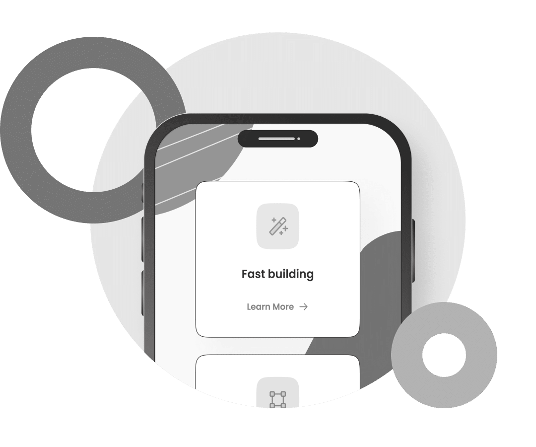 Smartphone mockup displaying a modern app interface with the feature card. The card includes a magic wand icon, symbolizing quick development or creation. Abstract circular and geometric shapes in the background highlight sleek, minimalist UI and mobile design aesthetics.