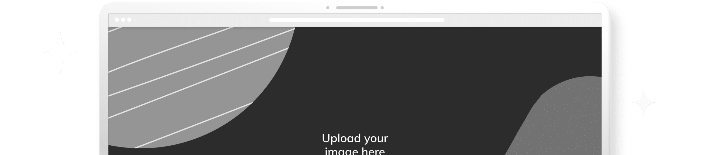Top section of a white laptop or computer monitor mockup displaying a dark screen with abstract gray geometric shapes and diagonal line patterns. Minimalist digital design concept representing modern website or application interface layout